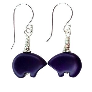 Artisan Purple Zuni Bear Sterling Silver Plated French Hook Earrings Boho Tribal